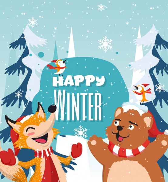 Inverno bandeira estilizada raposa urso aves ícones decoração