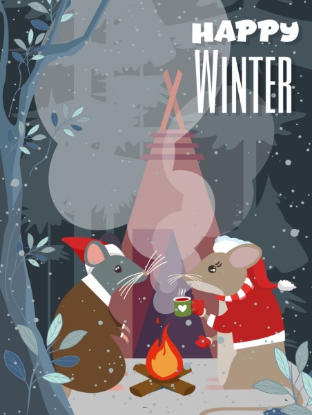 Зимние баннер стилизованный дизайн мыши иконы мультфильм