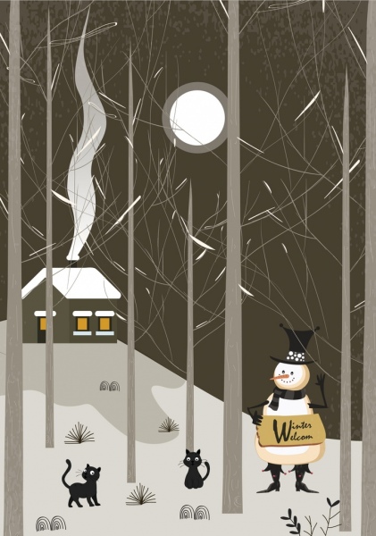 Winter-Banner Schneemann Mondlicht blattlosen Bäume Ikonen stilisiert
