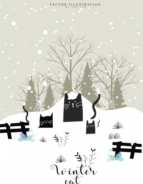 Invierno nieve iconos plantilla de tarjeta de gato negro