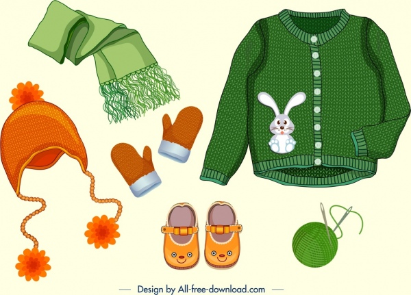 elementos de diseño de ropa de invierno iconos de accesorios de bebé