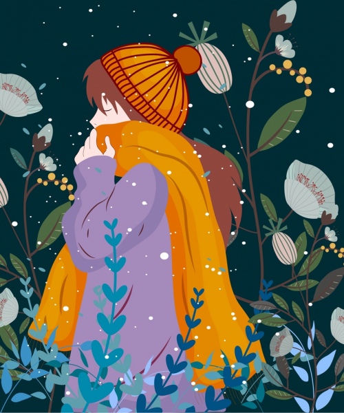 musim dingin gambar gadis dalam pakaian hangat kartun berwarna