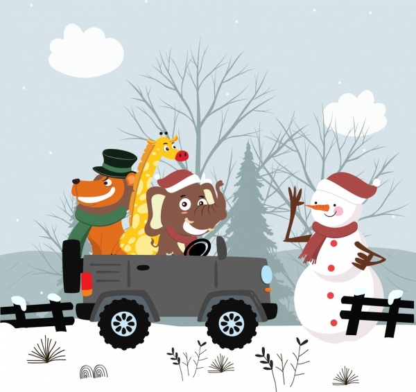 invierno dibujo iconos de coche de muñeco de nieve animales estilizados dibujos animados