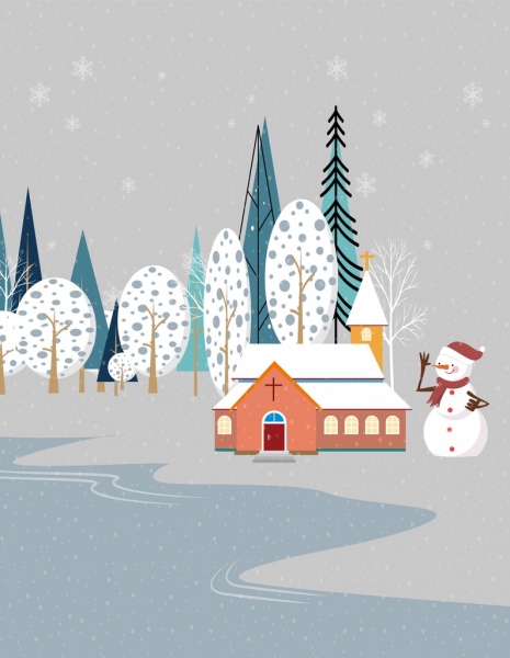 desenho de boneco de neve Igreja árvore ícones decoração de inverno
