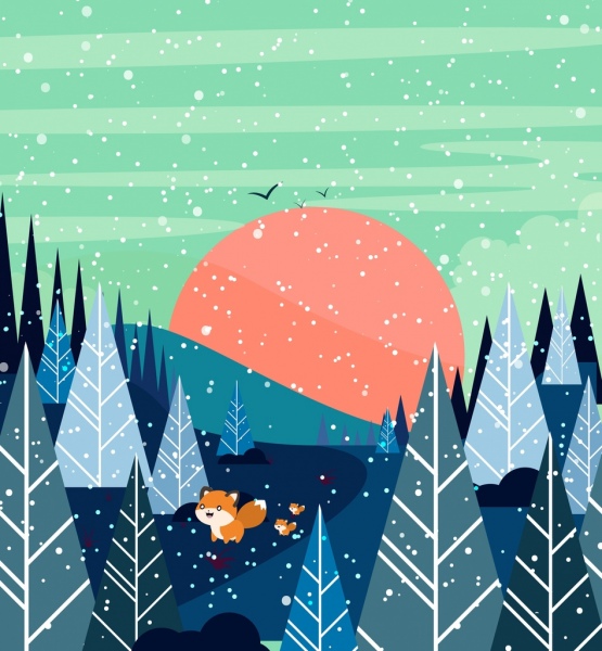 disegno albero neve volpe icone colorate del fumetto di inverno