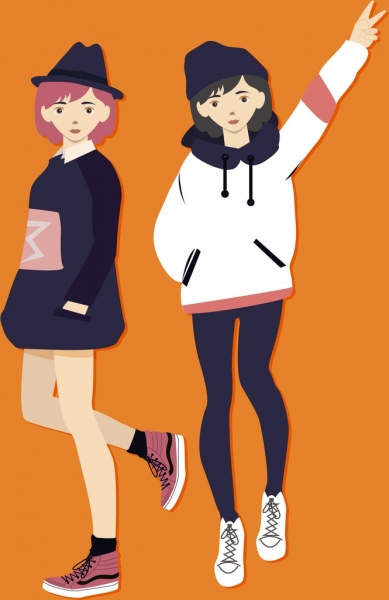 Winter Mode Werbung junger Mädchen Symbole farbige cartoon