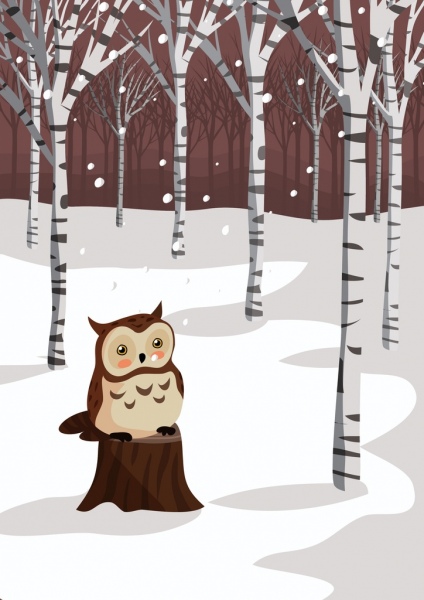 dekorasi musim dingin hutan latar belakang jatuh salju owl ikon