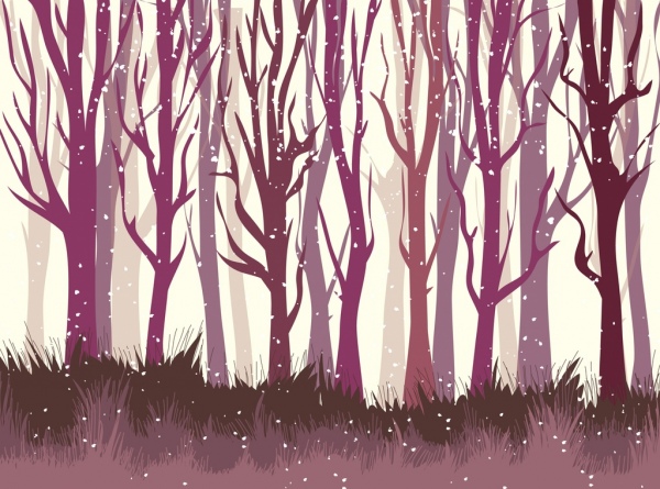 Zima Las tło fioletowe bezlistnych drzew ikony