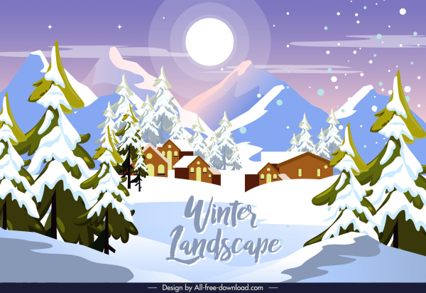 зимний пейзаж фон горная деревня снегопад лунный свет эскиз