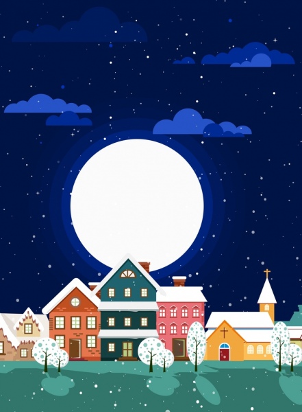 겨울 풍경 배경 둥근 달이 집 아이콘 장식