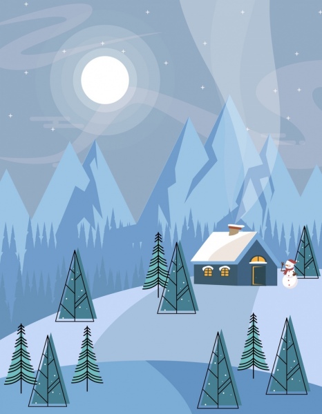 Winter Landschaft Hintergrund Schnee Berg Mond Hütte Symbole
