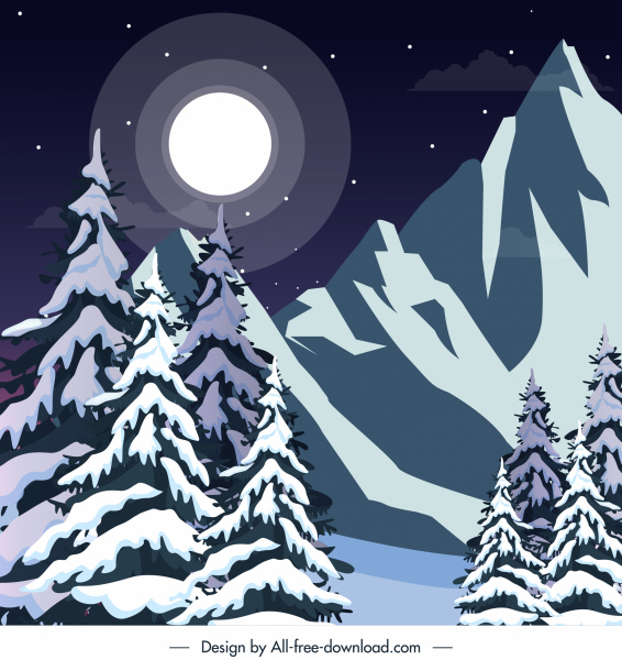 Winter Landscape Background Snowy Mountain Moonlight Sketch-vector  Background-free Vector Free Download