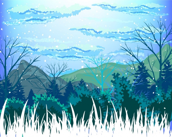 paysage d’hiver dessin coloré design de décoration montagne sauvage