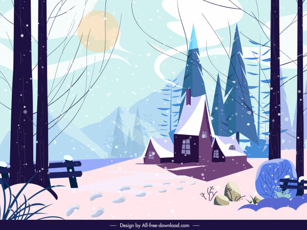 冬季山水画彩色经典装饰卡通设计