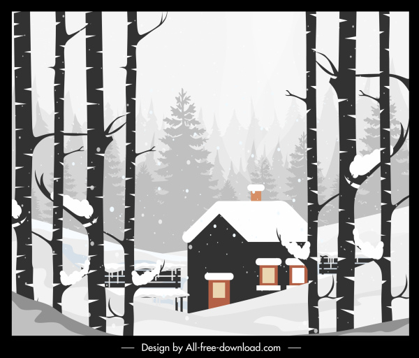 zima malarstwo krajobrazowe kolorowe retro wystrój szkic domek