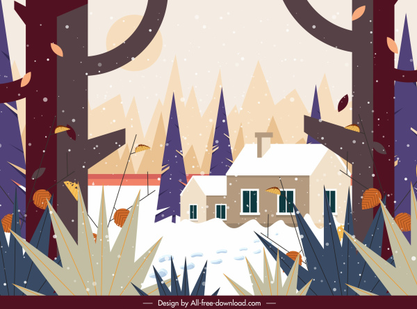 겨울 풍경 그림 다채로운 고전 디자인