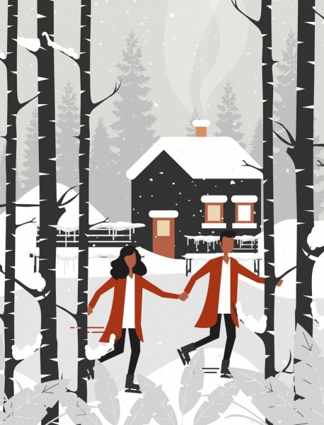 Zima Krajobraz malarstwo śniegu para domek ikony