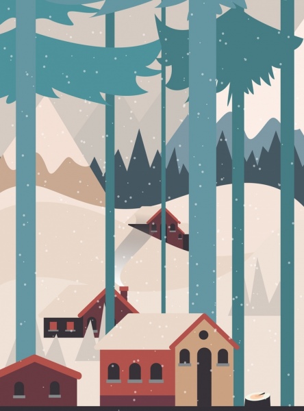 neve de pintura de paisagem de inverno casas clássica design ícones