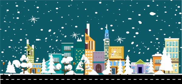 Зимний пейзаж тема снежный город украшения цветные стиль