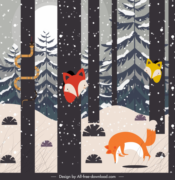 la nature d'hiver peignant des animaux de forêt esquissent la conception de dessin animé