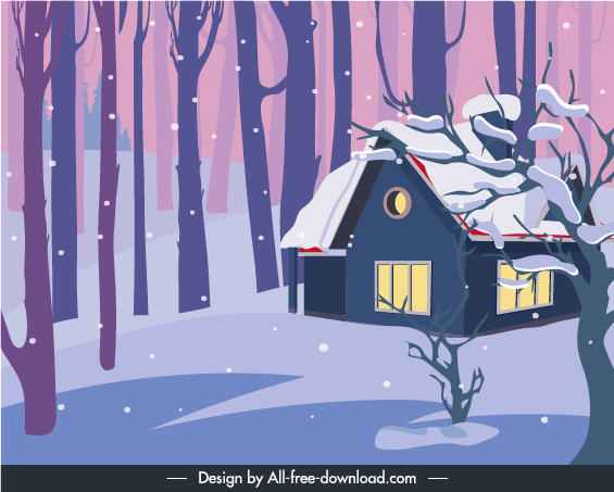 pintura de invierno cabaña selva nevada boceto
