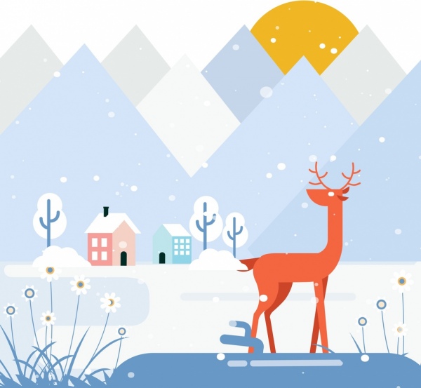 pintura de invierno montaña renos de nieve iconos diseño plano