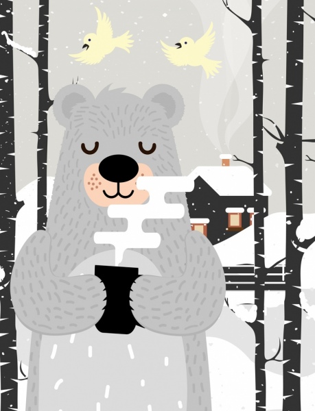 冬の絵画様式化クマ降雪アイコン漫画のデザイン