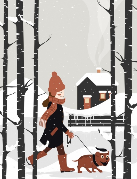 lukisan musim dingin berjalan wanita anjing salju lanskap ikon