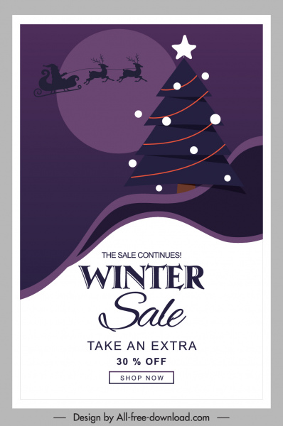 겨울 판매 포스터 썰매 산타 전나무 나무 스케치