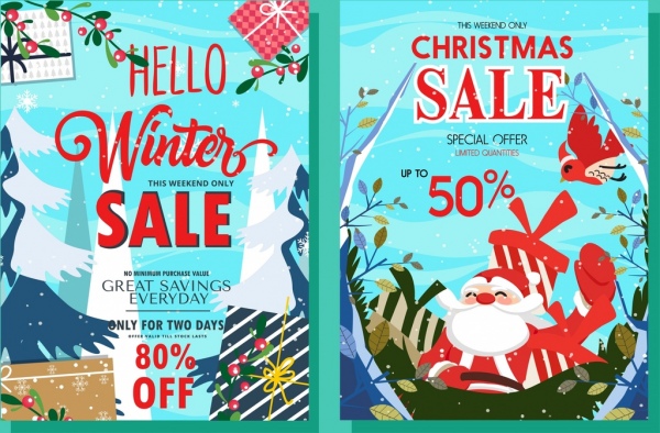 Banner de vendas de inverno Papai Noel caixa de presente ícones decoração
