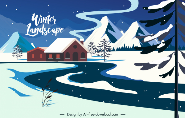 latar belakang musim dingin cottage sketsa gunung bersalju
