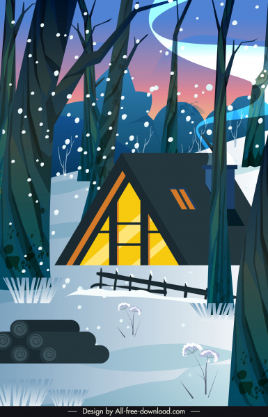 Winterszene Hintergrund Waldhütte Schneefall Skizze
