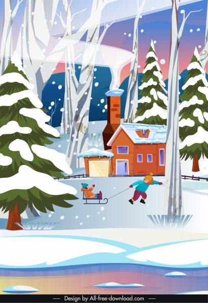 Winterszene Hintergrund Spielplatz Kinder skizzieren Cartoon Design
