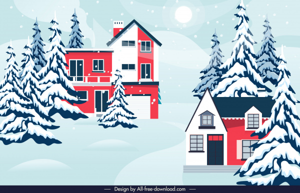 escena de invierno fondo abeto de nieve casas boceto