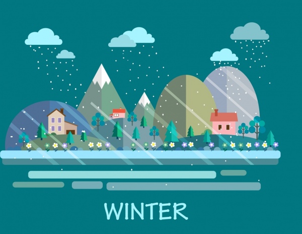 冬天場面背景雪房子樹圖示裝飾