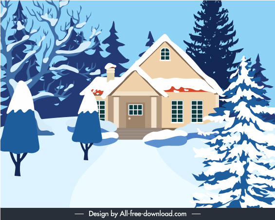 adegan musim dingin latar belakang pohon rumah salju sketsa