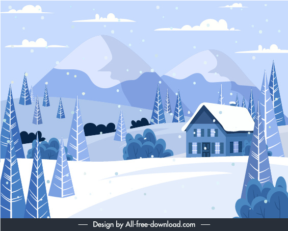 escena de invierno fondo nieve montaña cabaña árboles boceto