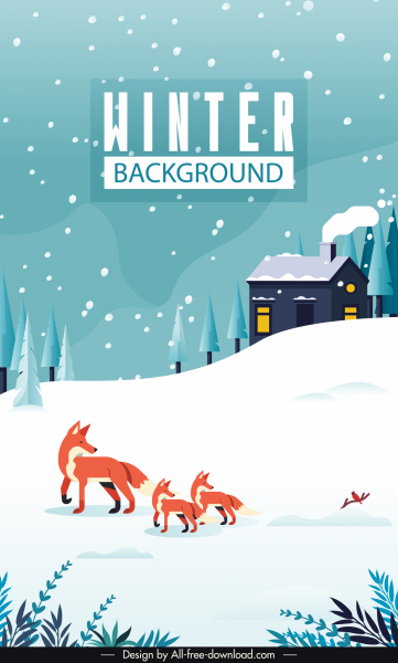 fundo cena de inverno neve queda de neve raposas cottage esboço