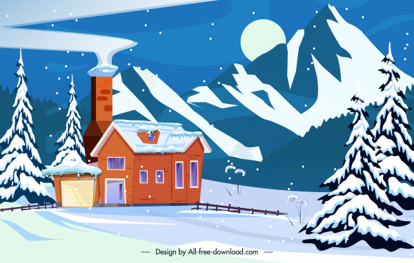 escena de invierno fondo nevado cabaña montaña boceto