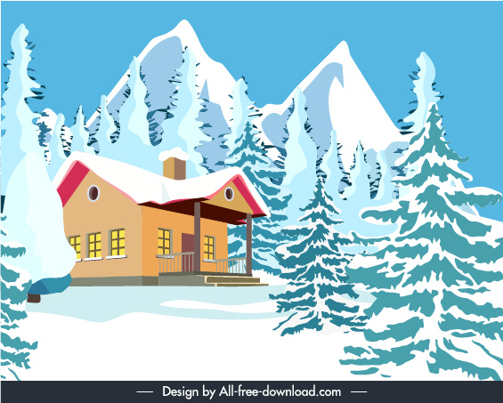 adegan musim dingin spanduk template snow mountain cottage sketsa