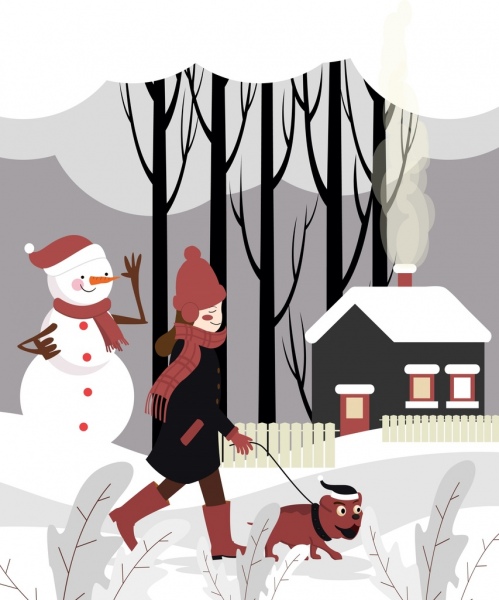 pintura de cena de inverno andar ícones de casa garota neve