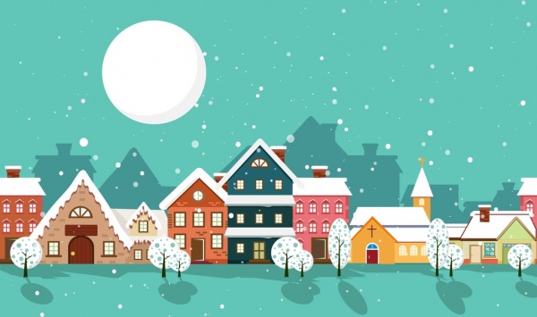 منازل الشتاء المناظر الخلفية الملونة تحت ضوء القمر التصميم
