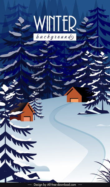 冬の風景の背景モミの木コテージスケッチ