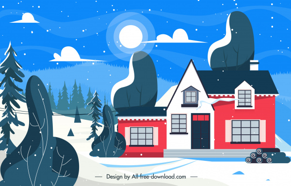 paisaje de invierno casa de fondo exterior nieve luz de luna boceto