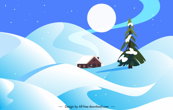 paisaje de invierno fondo luna cottage nieve tierra boceto