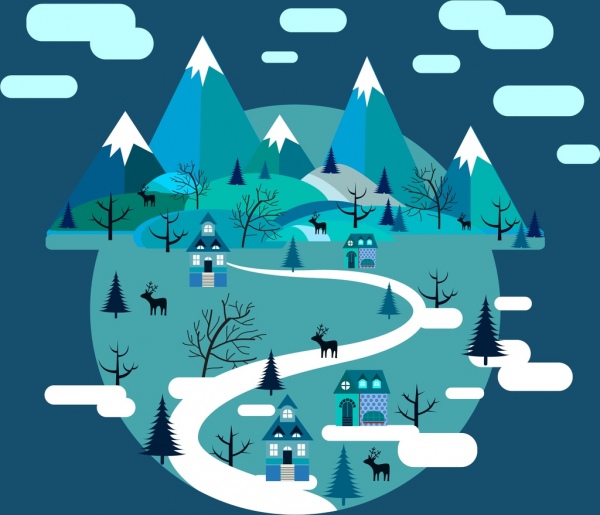 冬天的景色背景山村装饰圈的设计