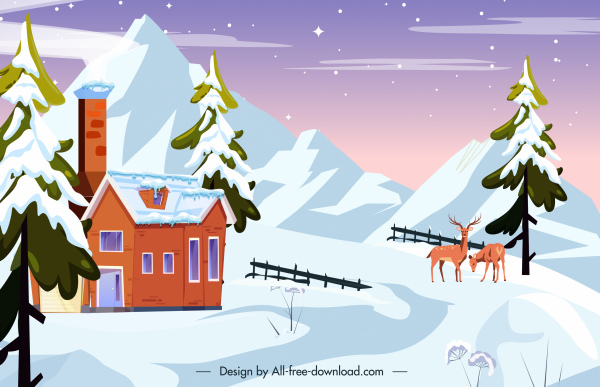 pemandangan musim dingin latar belakang rusa pondok gunung salju sketsa