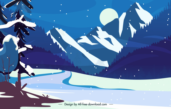 latar belakang pemandangan musim dingin sketsa bulan malam gunung bersalju