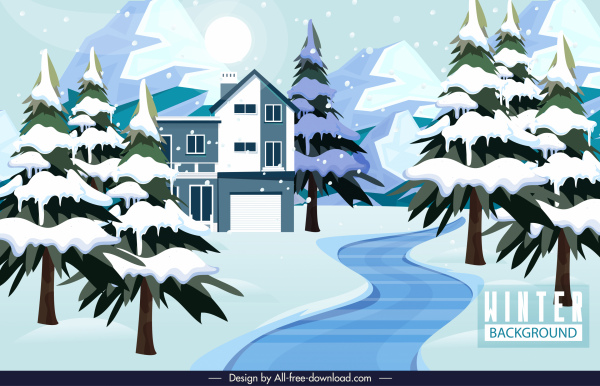paisaje invernal fondo árboles nevados casas boceto