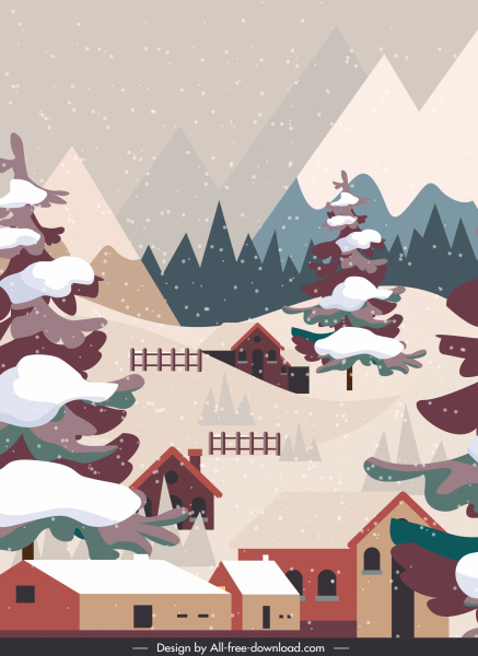 冬季風景畫色彩繽紛的經典設計